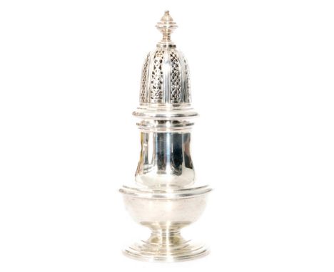A hallmarked silver baluster sugar castor of plain form terminating in pieced cover and stepped finial, height 16cm , weight 