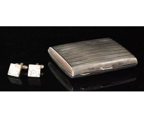 A hallmarked silver cigarette case of rectangular form with engine turned decoration, Birmingham 1930 and a pair of modern ha