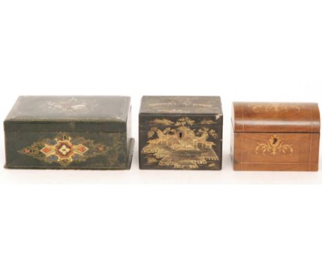 A 19th Century zinc lined chinoiserie lacquered two divisioned tea caddy, a small inlaid walnut tea caddy and a mother of pea
