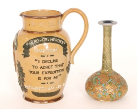 A late 19th Century Doulton Lambeth stoneware water jug commemorating the death of General Gordon, born Jan. 28th 1833, betra