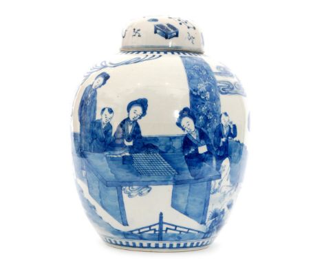 A large early 20th Century Chinese blue and white jar and cover decorated in the round with ladies and children sat at a tabl