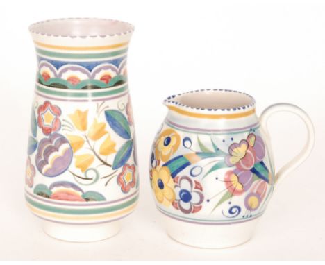 A Poole Pottery shape 979 vase decorated in the YW pattern, height 23cm, together with a shape 436 water jug decorated in the