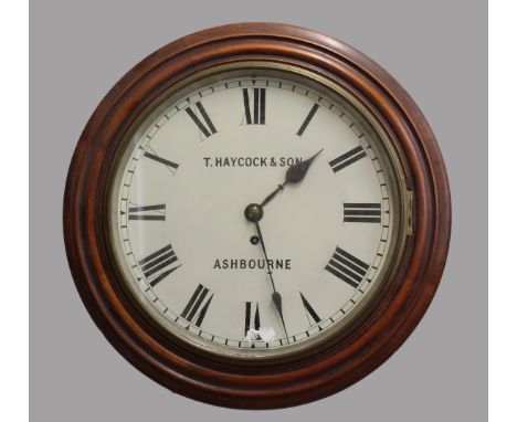 A VICTORIAN MAHOGANY FRAMED WALL CLOCK, the 11" dial inscribed T Haycock &amp; Son, Ashborne, on a brass, eight day single fu