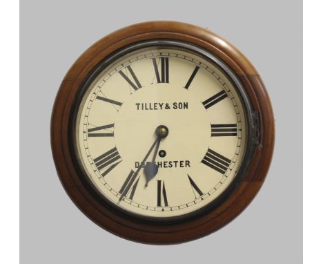 A MAHOGANY CIRCULAR WALL CLOCK, the 10" cream dial signed Tilley &amp; Son, Dorchester, on a brass fusee movement, with pendu