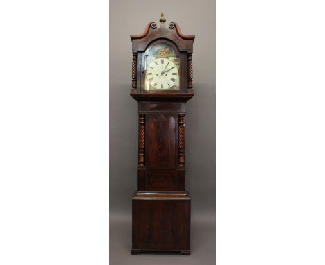 A 19TH CENTURY MAHOGANY LONGCASE CLOCK, the 12" cream painted dial with date aperture and seconds dial, painted with lions, t