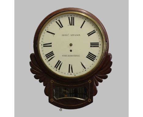 A 19TH CENTURY MAHOGANY WALL CLOCK, the 12" dial signed Robt. Adams, Sherborne, on a brass eight day fusee movement, the case