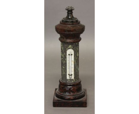 A SERPENTINE PILLAR THERMOMETER, the faceted column with a thermometer marked Negretti &amp; Zambra, London, height 32cm