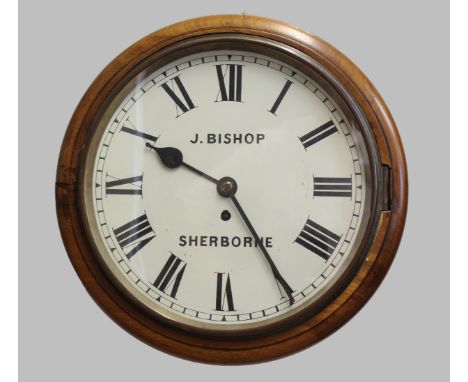 A 19TH CENTURY MAHOGANY WALL CLOCK, the 12" circular dial signed J. Bishop, Sherborne, on a brass single fusee movement, with