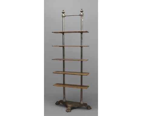 A FRENCH INDUSTRIAL STYLE SHELF UNIT, with five wooden shelves on twin metal supports, raised on a metal platform base with t