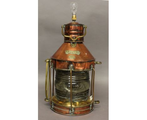 A COPPER AND BRASS SHIP'S LAMP, 'Anchor', by R.C Murray &amp; Co, Carlton Court, Glasgow, converted to an electric lamp, heig