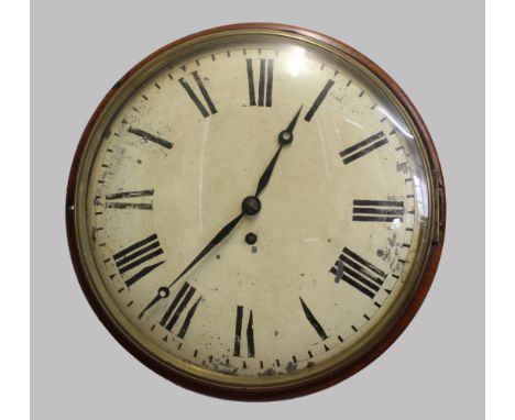 A 19TH CENTURY MAHOGANY WALL CLOCK, the 12" cream painted dial with Roman numerals on a brass eight day single fusee movement