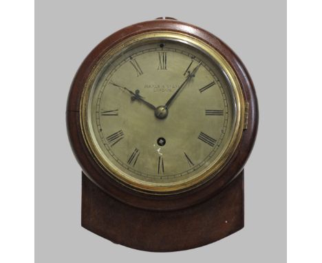 A MAPLE &amp; CO. MAHOGANY WALL CLOCK, the 5 1/2" silvered dial signed Maple &amp; Co. London, on a brass eight day movement,