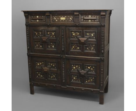 A 17TH CENTURY STYLE OAK FOOD HUTCH, with one frieze drawer 'dated' 1624, above four panelled cupboard doors and ventilated s