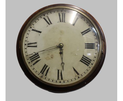 A 19TH CENTURY MAHOGANY WALL CLOCK, the 11 1/2" dial on a brass fusee movement, with pendulum and key, height 37cm