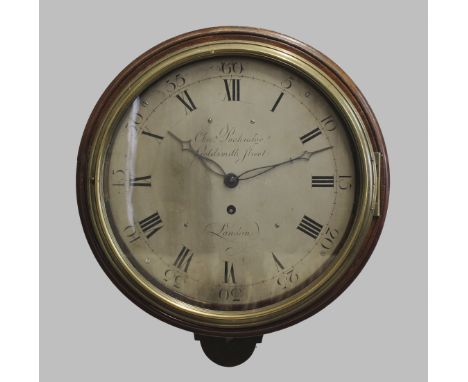 A LATE 18TH CENTURY MAHOGANY WALL CLOCK, the silvered 10" dial with Arabic and Roman numerals signed Chas. Puckridge, Goldsmi