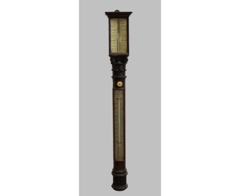 A VICTORIAN MAHOGANY STICK BAROMETER by Lilley &amp; Son, London, the two dials both signed, on a cylindrical column with car