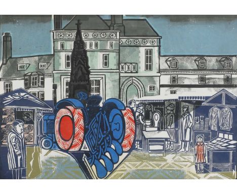 ▴ Edward Bawden RA (1903-1989)'The Blue Tractor'linocut in colours, 1962, signed 'Edward Bawden' in pen l.r.sheet 56 x 80.5cm