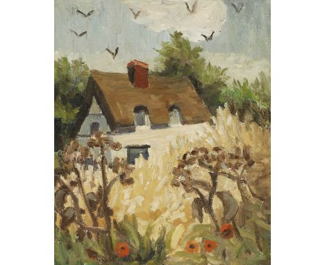 Δ Lucy Harwood (1893-1972)Thatched cottage surrounded by grasses and poppiessigned 'LUCY HARWOOD' verso, oil on canvas61 x 51