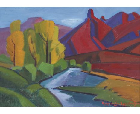 Atashes Abraamyan (Armenian, 1921-2003)River running through mountains, c.1970ssigned in Cyrillic l.r., also signed verso, oi