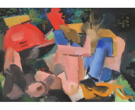 ▴ Peter de Francia (Italian-British, 1921-2012)Beside the red motorbikeoil on canvas40.5 x 56cmPeter de Francia was a pioneer