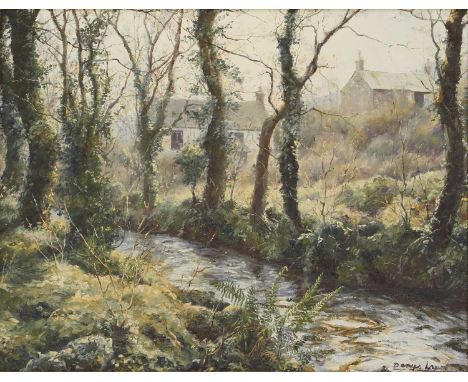 ▴ Denys Law (1907-1981)A wooded stream with cottages beyondsigned 'Denys Law' l.r., oil on canvas laid on board41 x 51cmCondi