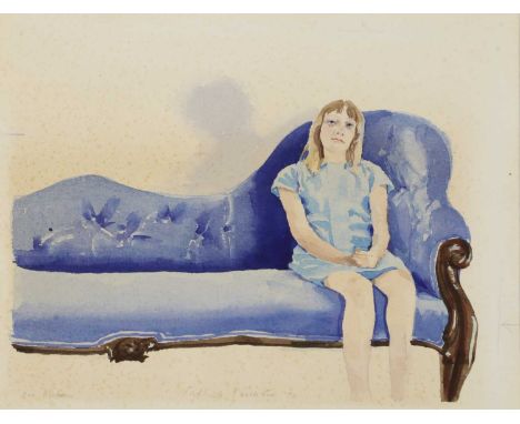 ▴ Patrick Procktor RA (1936-2003)'One Dirham' - a girl on a blue sofasigned and dated 'Patrick Procktor 72' and inscribed wit