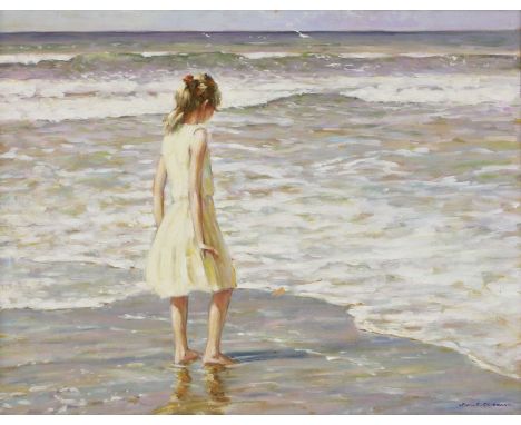 ▴ Paul S Gribble (b.1938)Girl by the shoresigned 'PAUL S GRIBBLE' l.r., oil on canvas40 x 50cmCondition ReportFramed size: 60