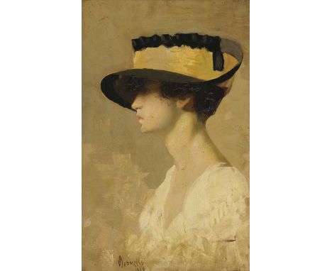 Vittorio Borriello (Italian-American, 1896-1974)A young woman in a black hat, in profilesigned and dated 'Boriello 1919' l.c.