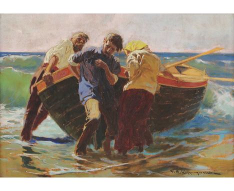 Feliks Michal Wygrzywalski (Polish,1875-1944)Pushing the boat out signed 'F.M Wygrzywalski' l.r., inscribed and dated '1932' 