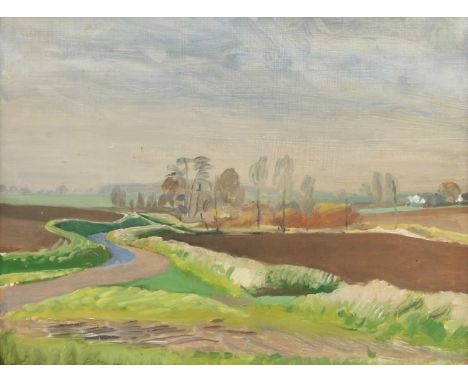 ▴ John Aldridge RA (1905-1983)'Lindsell - The Road to Thaxted'inscribed and dated 'LINDSELL/Sept. 1973' verso, oil on board27