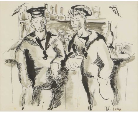 ▴ Joan Warburton (1920-1996)Sailors at the barsigned with initials and dated 1941 l.r., pen and ink20 x 24.5cmProvenance: The