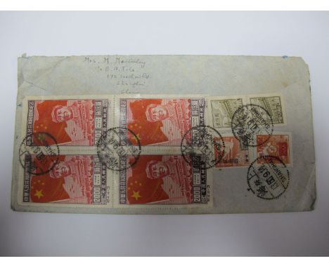 A Rare China 1950 Air Mail Cover to England from Shanghai, bearing a block of four "Foundation of Peoples Republic" S.G. 1434