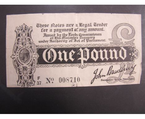 A John Bradbury First Issue One Pound Treasury Note, number F37 008710. Vertical fold and other faults.