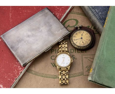 A modern Tissot Ballade gold plated wristwatch and an Art Deco silver cigarette case, also a damaged pocket watch, the case 1