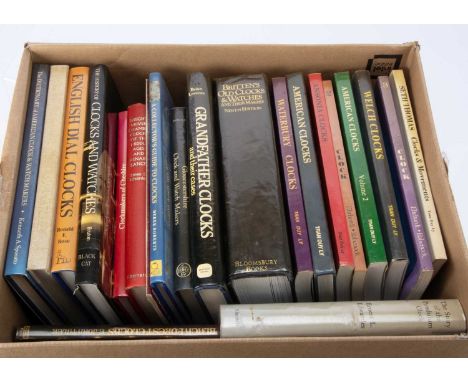 A collection of clock and related books and publications, one box approx 22, including Grandfather Clock and Their Cases by B