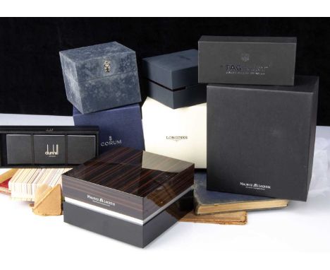 Three empty watch boxes and three other boxes, including a Longines example, a Corum box, AF, and a Maurice Lacroix, together