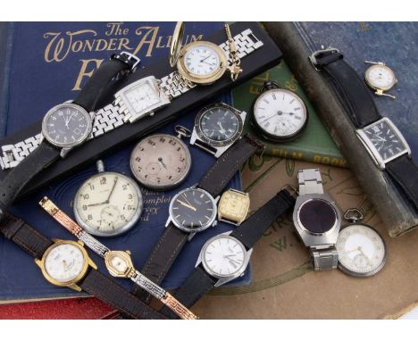 A collection of wristwatches and pocket watches, all as found, including a Lings diver's watch af, a manual wind Rone running