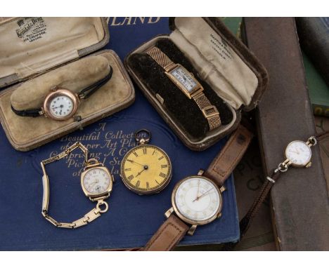 Five vintage gold cased wristwatches and a gold pocketwatch, including a Roidor gents 1950's presentation watch to Harry Port