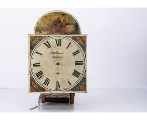 An 18th century longcase clock movement, now mounted on a wall bracket, lacks weights and pendulum, damaged, marked B. Backho
