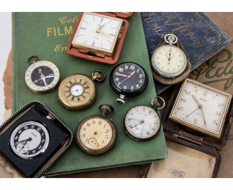 A group of eight various timepieces,  including a silver open faced pocket watch, AF, a gold plated half hunter, a Smiths das