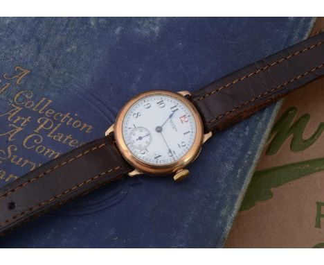 A vintage 9ct gold cased Lady Waltham wristwatch, 31mm, white enamel dial with subsiduary, appears to run, on later brown lea