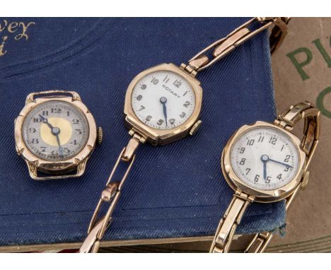 Three vintage 9ct gold cased ladies wrist watches, two with 9ct sprung bracelets. Total weight 34.4g