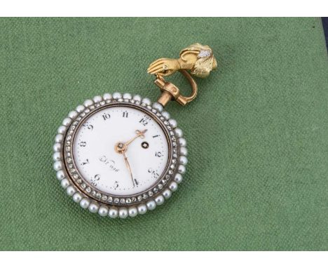 A pretty 19th century continental gold and enamel with diamond and seed pearl ladies fob watch, 34.5mm diameter, having seed 