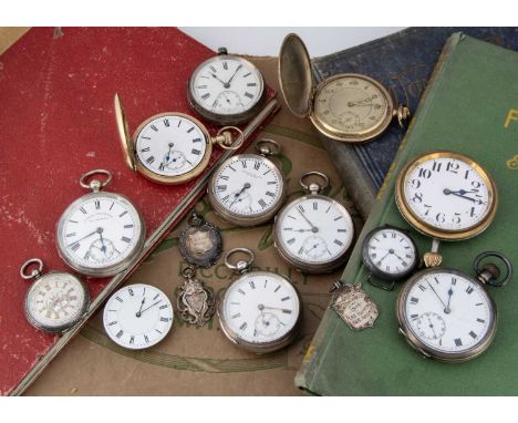 A group of pocket watches and other related items, As Found (AF), two gold plated full hunters, a dashboard clock, seven silv