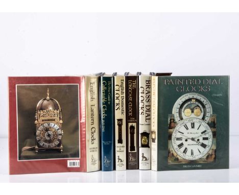 Six Antiques Collectors' Club clock related books, all used and somewhat dusty, including English Domestic Clocks, The Longca