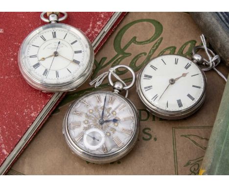 Three Victorian silver open faced pocket watches, one with silvered dial, and other with white enamel dial, both verge fusee 