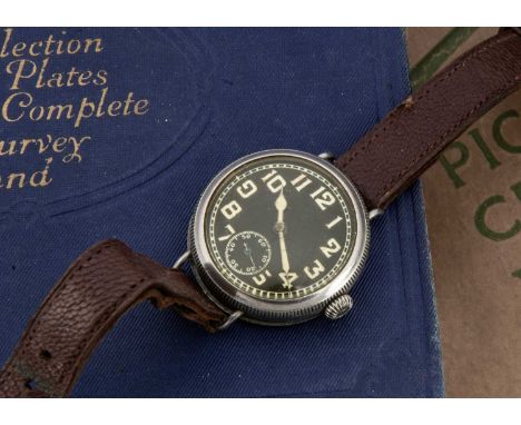 A WWII period silver trench style wrist watch, AF, a 34mm case having black dial with subsidiary, appears to run but needs at