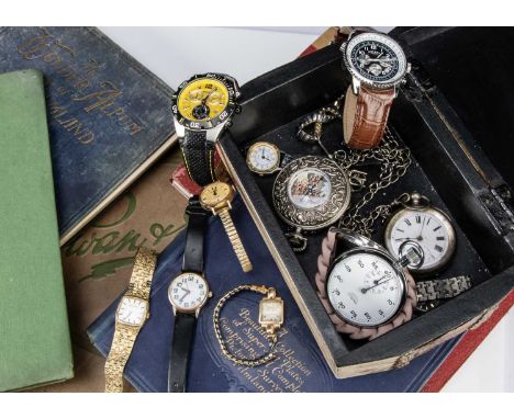 A group of watches, in a decorative trinket box, inlcuding a 9ct gold cased Accurist lady's watch, a Victorian silver open fa