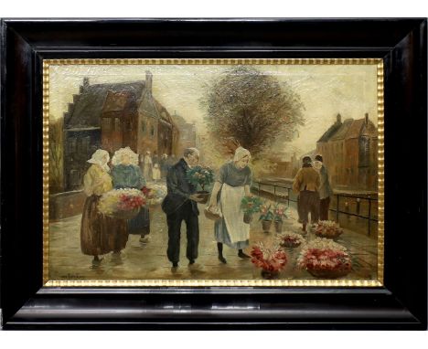 Van Reenkamp (Anf. 20. Jh.) Holländische Gracht mit Blumenmarkt. Öl/Lwd., li. u. sign. 54x 80 cm. R.