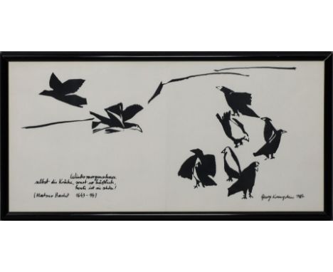 Koenigstein, Georg (geb. 1937 Wien) Haiku - Gedichtvers mit Krähen. Tusche/Papier (Bugfalte), re. u. sign. und dat. 1987. 20x